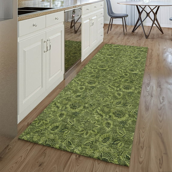 Addison Rugs Mayfield Washable Transitional Floral Olive Runner Rug, 2'3" x 7'6"