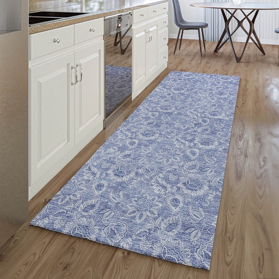 Addison Rugs Mayfield Washable Transitional Floral Denim Runner Rug, 2'3" x 7'6"
