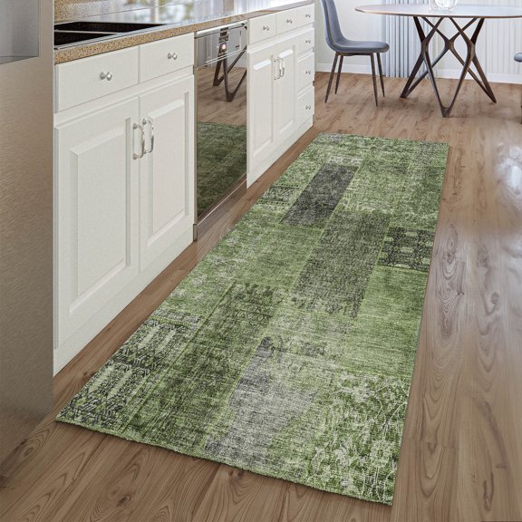 Addison Rugs Mayfield Washable Transitional Patchwork Olive Runner Rug, 2'3" x 7'6"