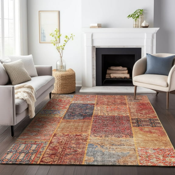 Addison Rugs Mayfield Washable Transitional Patchwork Red Rectangle Rug, 10' x 14'