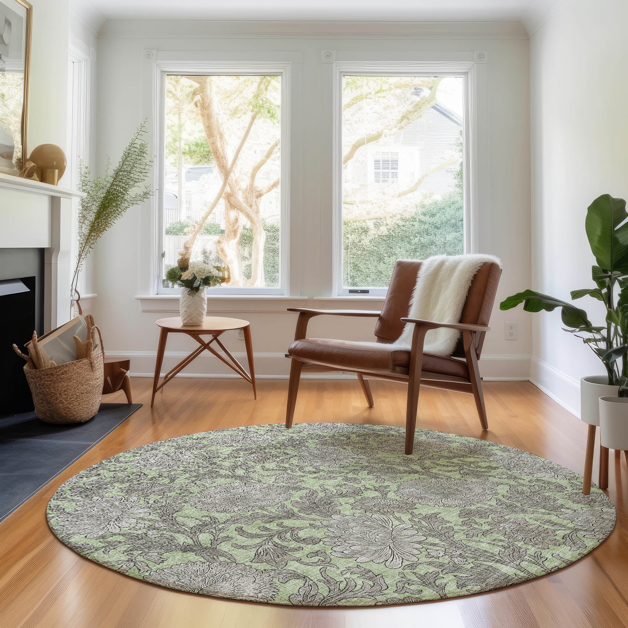 Addison Rugs Mayfield Washable Transitional Floral Aloe Round Rug, 8' x 8'
