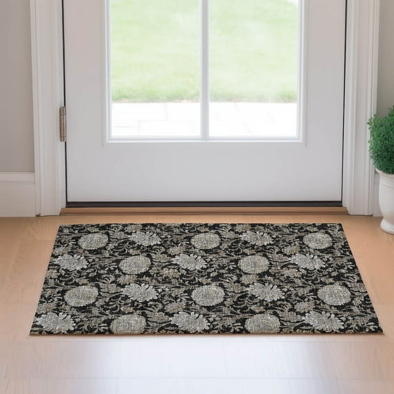 Addison Rugs Mayfield Washable Transitional Floral Black Rectangle Rug, 1'8" x 2'6"