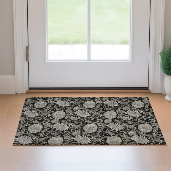 Addison Rugs Mayfield Washable Transitional Floral Black Rectangle Rug, 1'8" x 2'6"