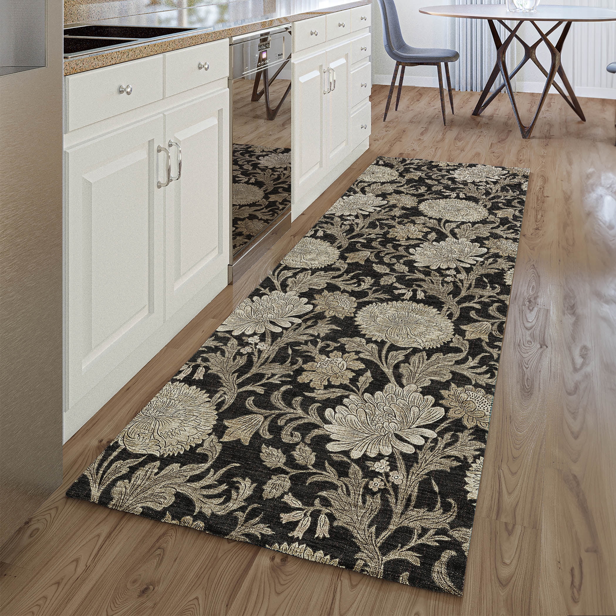 Addison Rugs Mayfield Washable Transitional Floral Black Runner Rug, 2'3" x 7'6"