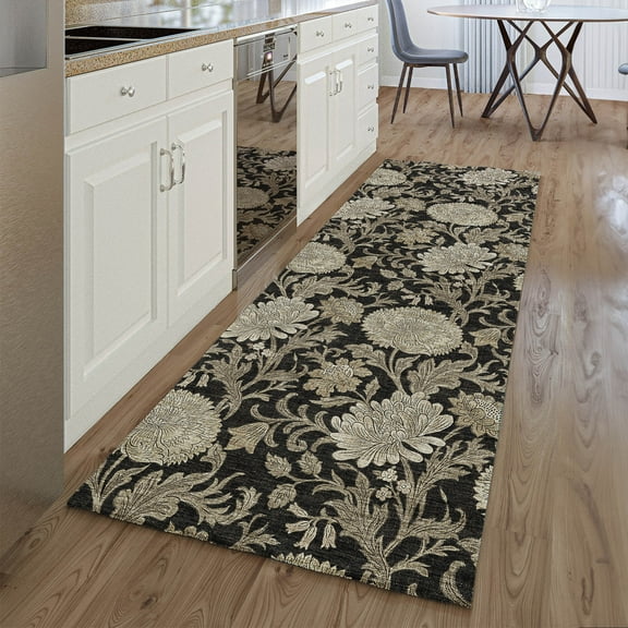 Addison Rugs Mayfield Washable Transitional Floral Black Runner Rug, 2'3" x 7'6"