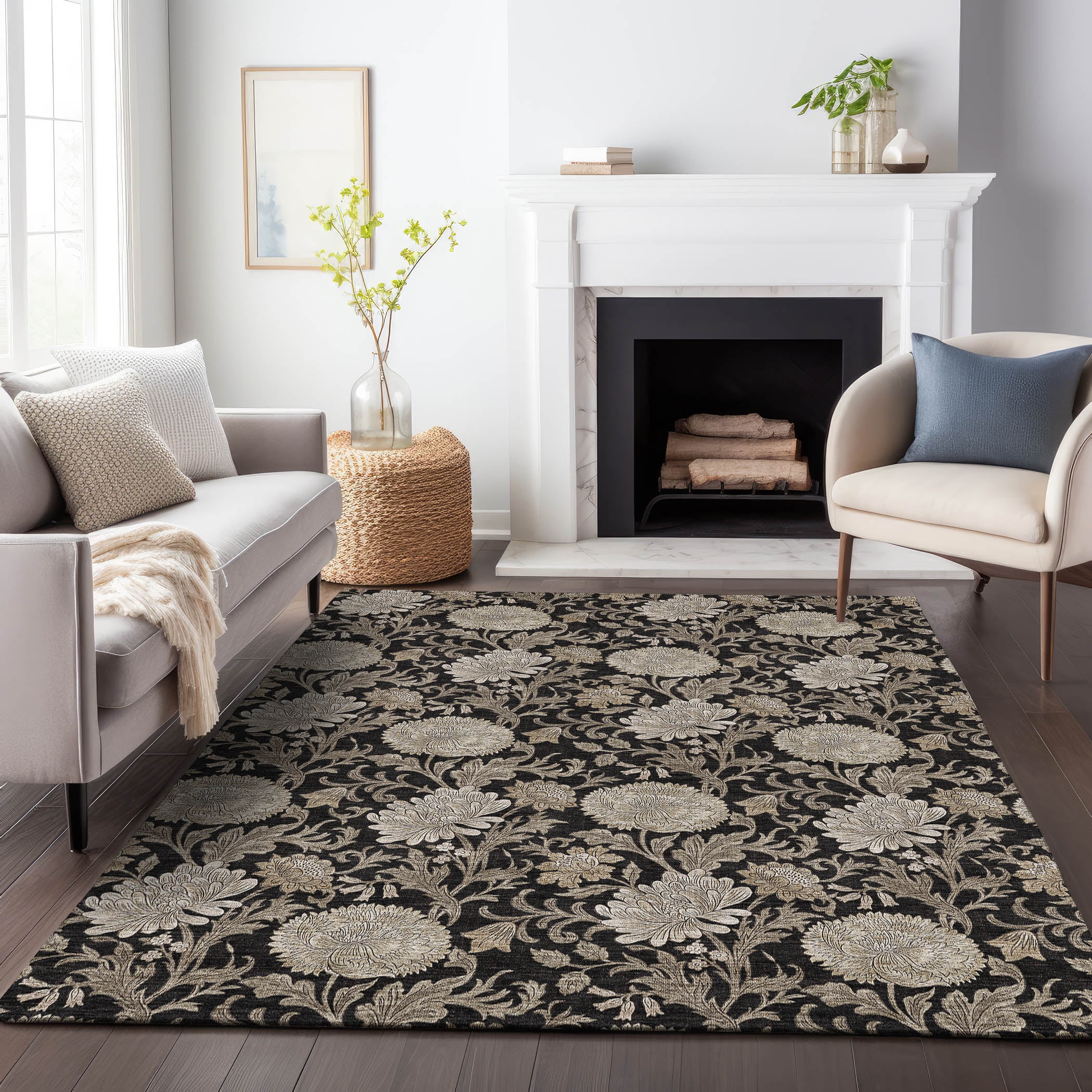 Addison Rugs Mayfield Washable Transitional Floral Black Rectangle Rug, 2'6" x 3'10"