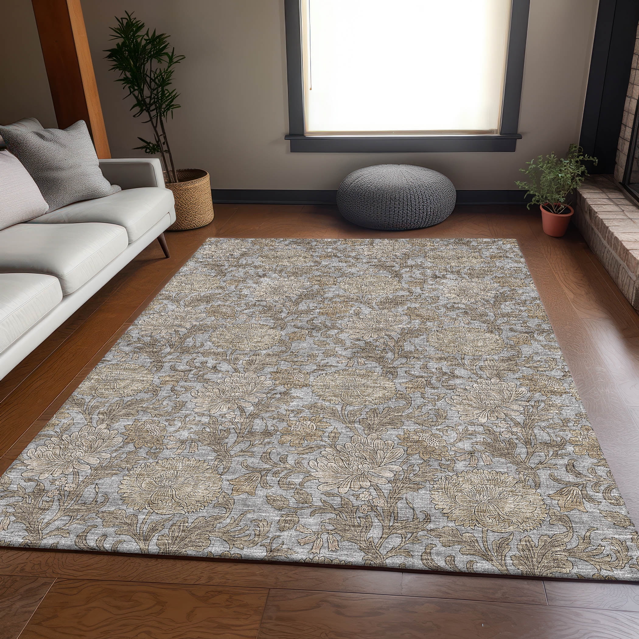 Addison Rugs Mayfield Washable Transitional Floral Gray Rectangle Rug, 8' x 10'