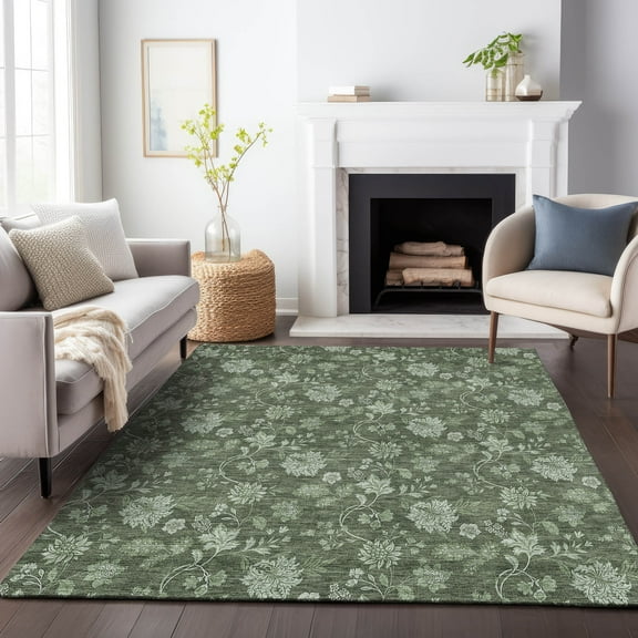 Addison Rugs Mayfield Washable Transitional Floral Olive Rectangle Rug, 8' x 10'