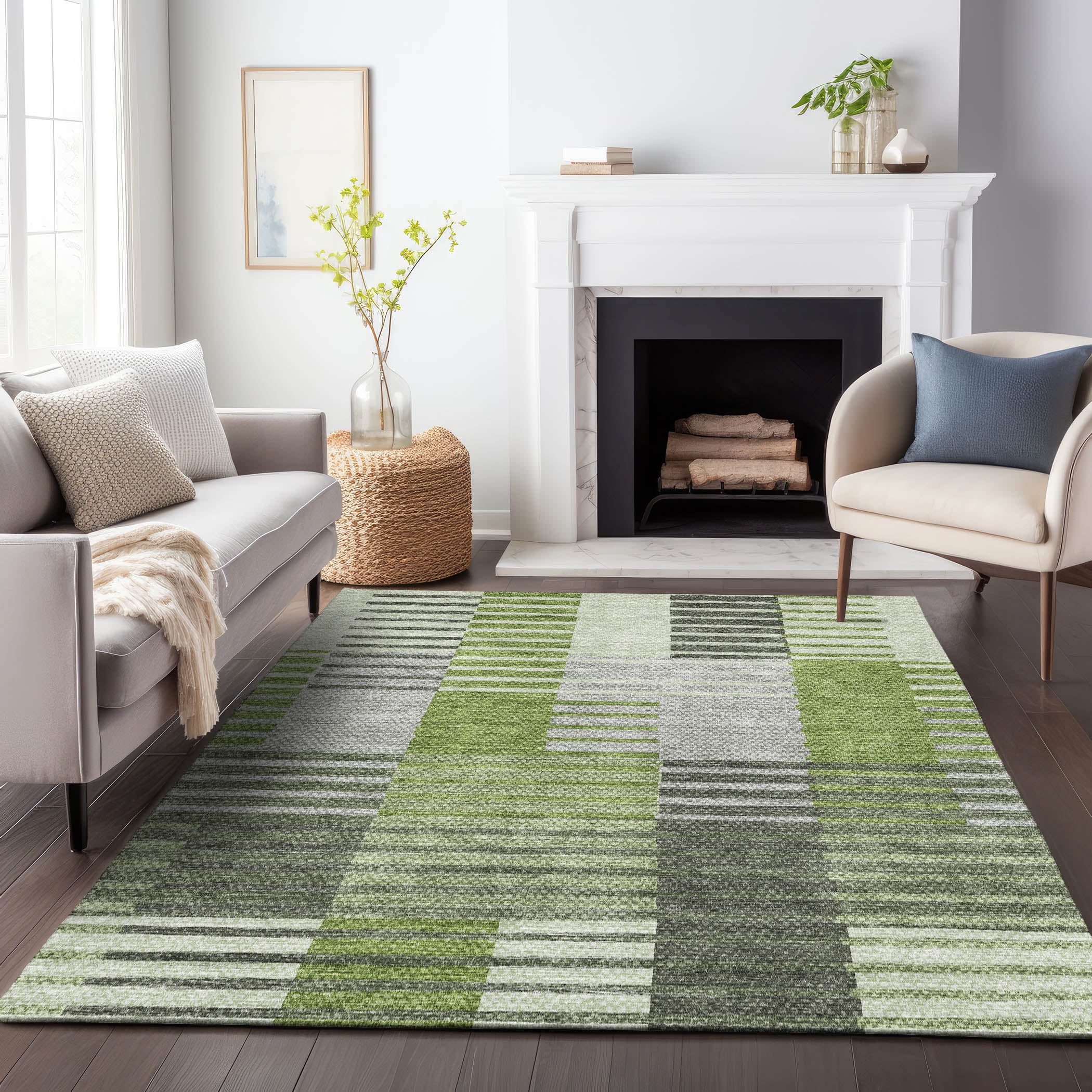 Addison Rugs Mayfield Washable Transitional Striped Green Rectangle Rug, 8' x 10'
