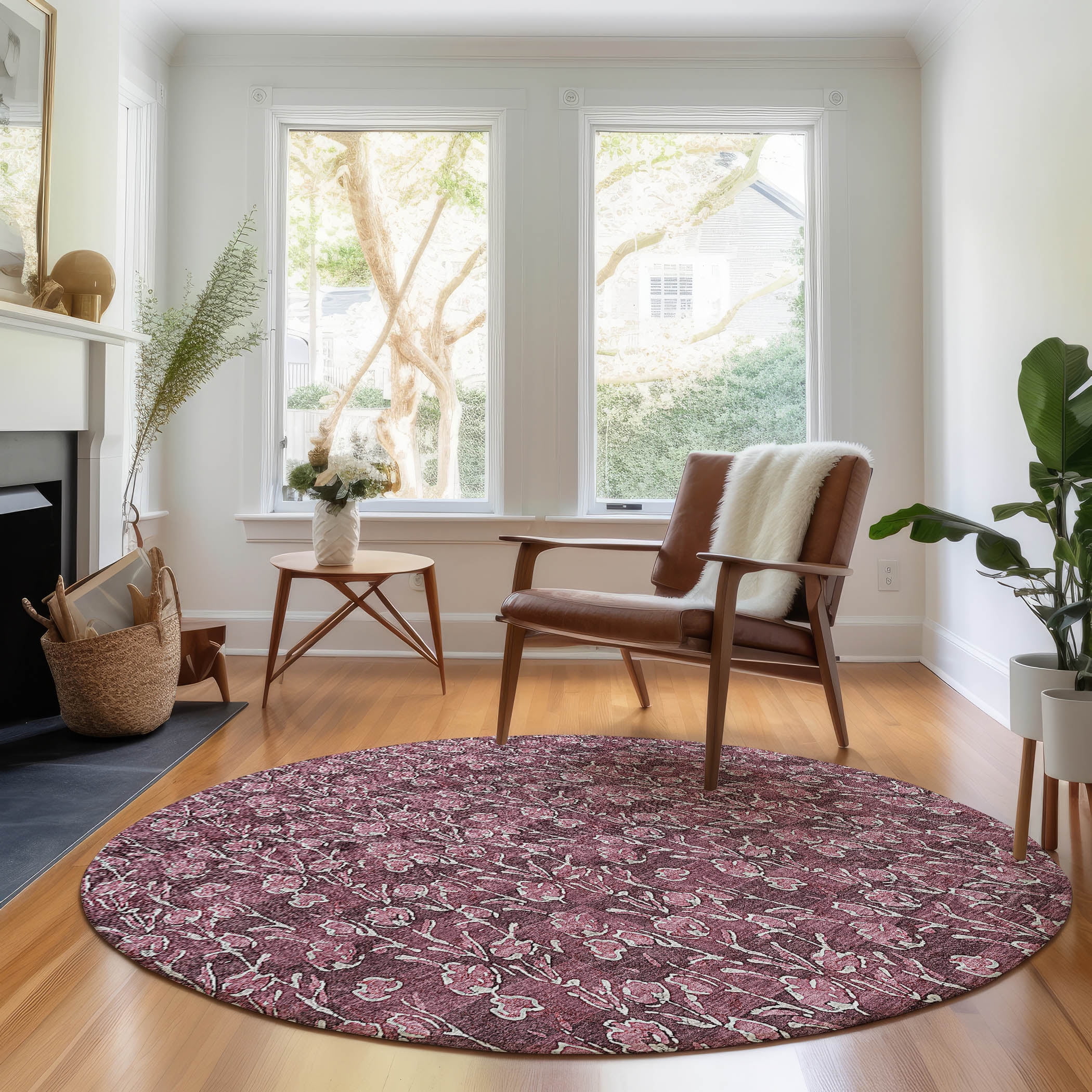 Addison Rugs Mayfield Washable Transitional Floral Merlot Round Rug, 8 ...