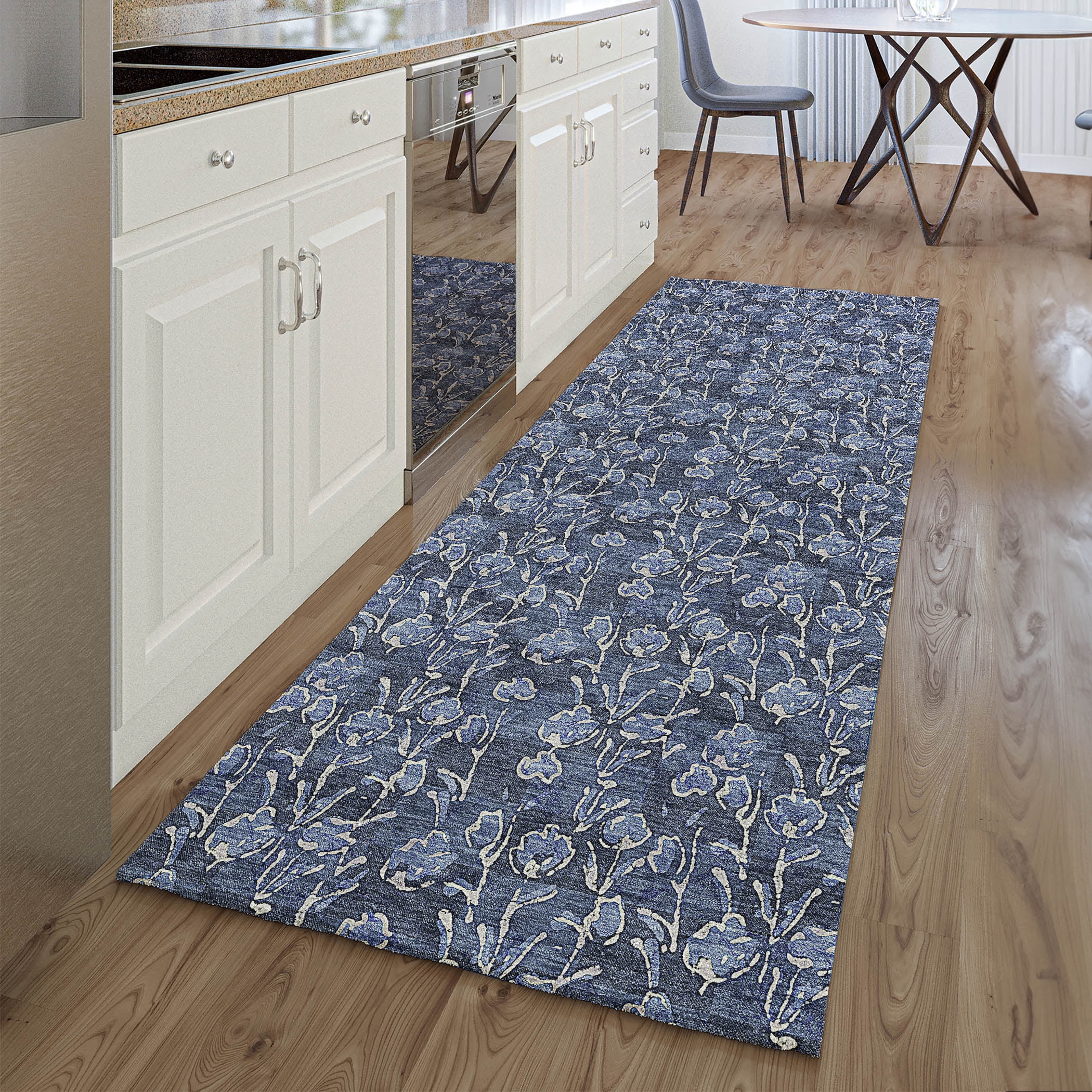 Addison Rugs Mayfield Washable Transitional Floral Navy Runner Rug, 2'3" x 7'6"