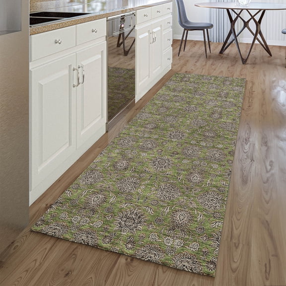 Addison Rugs Mayfield Washable Transitional Floral Olive Runner Rug, 2'3" x 7'6"