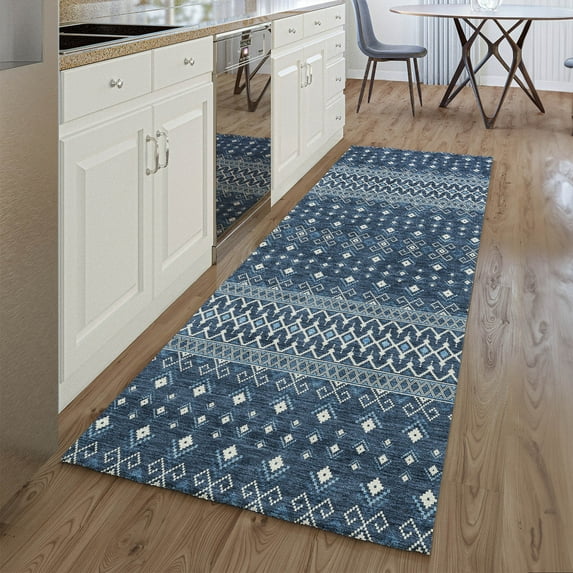 Addison Rugs Mayfield Washable Transitional Boho Navy Runner Rug, 2'3" x 7'6"