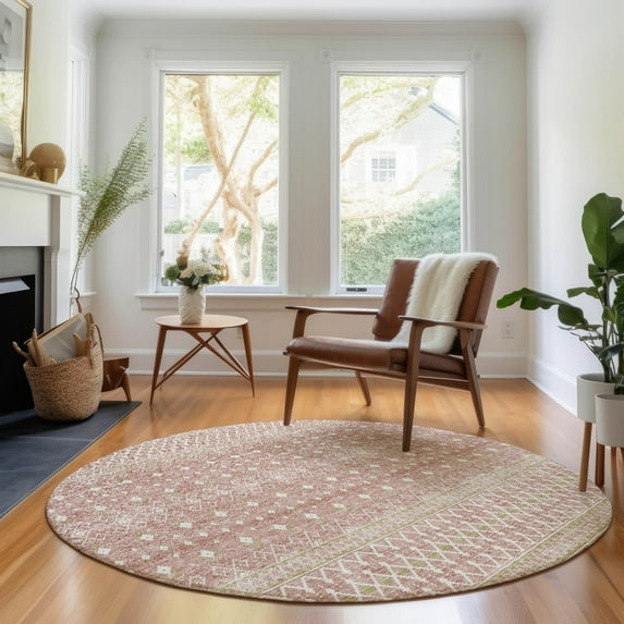 Addison Rugs Mayfield Washable Transitional Boho Blush Round Rug, 8' x 8'