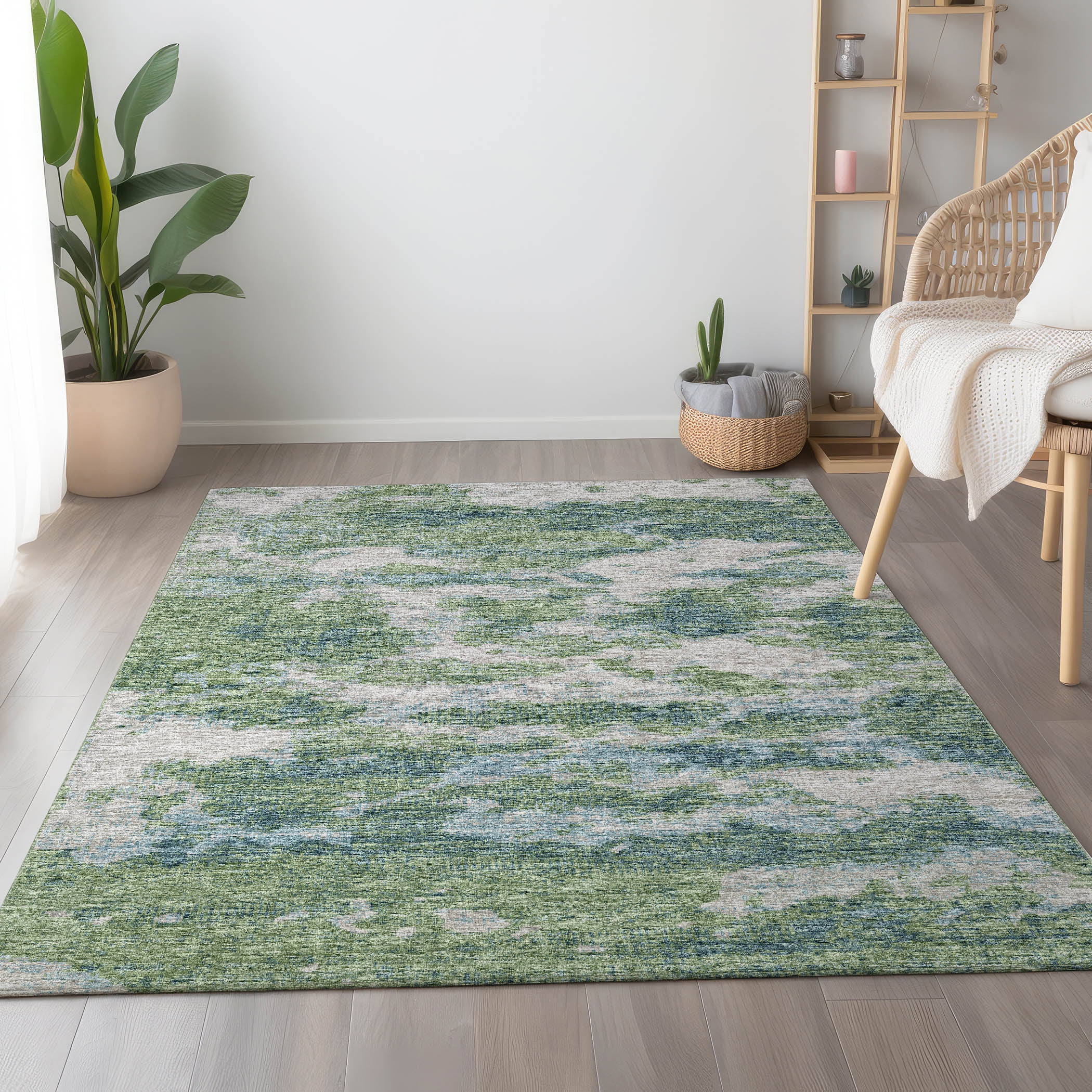 Premium Machine Washable Green and Blue Chenille Rug, 5' x 7'