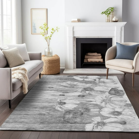 Addison Rugs Mayfield Washable Transitional Floral Gray Rectangle Rug, 5' x 7'6"