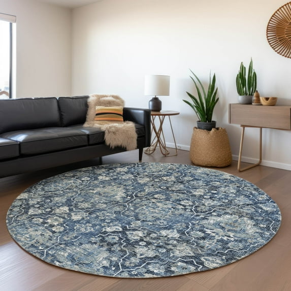 Addison Rugs Mayfield Washable Traditional Ornate Blue Round Rug, 8' x 8'