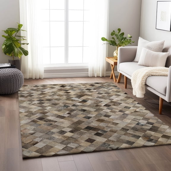 Addison Rugs Mayfield Washable Cowhide Small Boxes Gray Rectangle Rug, 5' x 7'6"