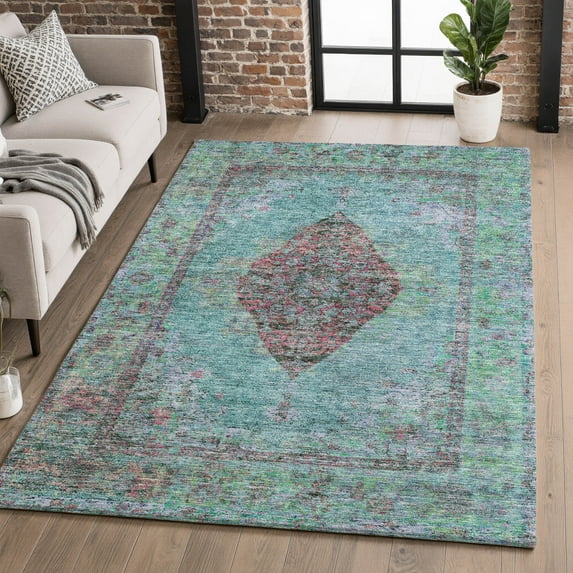Addison Rugs Mayfield Premium Machine Washable Traditional Border Aqua Rectangle Rug, 5' X 7'6" Machine Washable Traditional Border Aqua Oversized Sherpa Throw Blanket