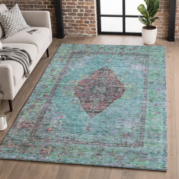 Addison Rugs Mayfield Premium Machine Washable Traditional Border Aqua Rectangle Rug, 8' X 10' Machine Washable Traditional Border Aqua Oversized Sherpa Throw Blanket