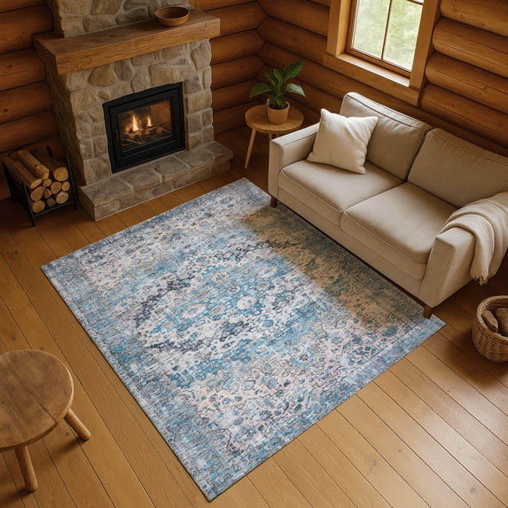 Addison Rugs Mayfield Premium Machine Washable Traditional Border Blue Rectangle Rug, 3' x 5'