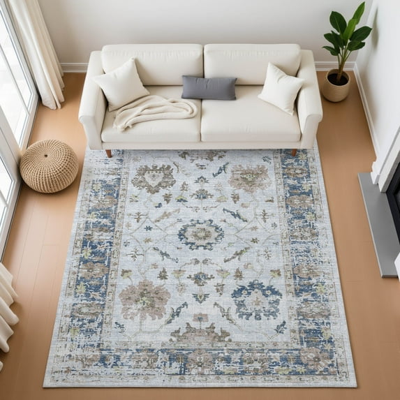 Addison Rugs Mayfield Premium Machine Washable Traditional Border Blue Rectangle Rug, 8' x 10'