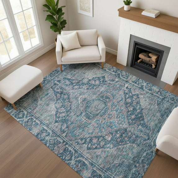 Addison Rugs Mayfield Premium Machine Washable Traditional Border Denim Rectangle Rug, 9' x 12'