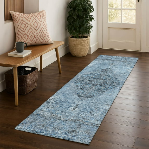 Addison Rugs Mayfield Premium Machine Washable Traditional Border Denim Runner Rug, 2'3" X 7'6" Machine Washable Traditional Border Denim Oversized Sherpa Throw Blanket
