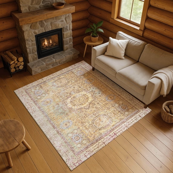 Addison Rugs Mayfield Premium Machine Washable Traditional Border Gold Rectangle Rug, 9' x 12'