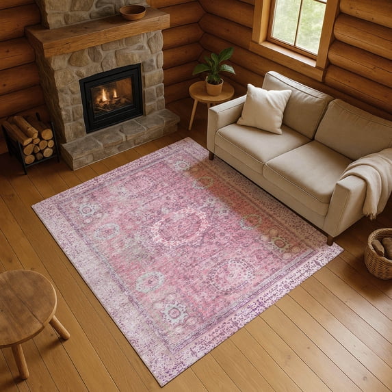 Addison Rugs Mayfield Premium Machine Washable Traditional Border Pink Rectangle Rug, 3' x 5'