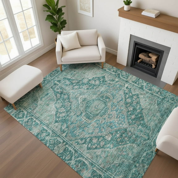 Addison Rugs Mayfield Premium Machine Washable Traditional Border Teal Rectangle Rug, 10' x 14'
