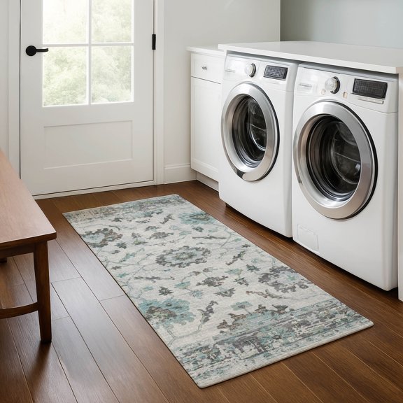 Addison Rugs Mayfield Premium Machine Washable Traditional Border Teal Runner Rug, 2'3" x 7'6"
