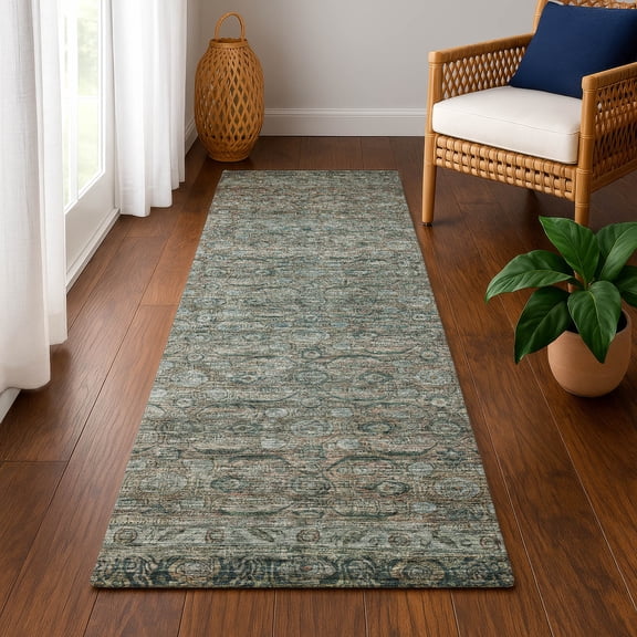 Addison Rugs Mayfield Premium Machine Washable Traditional Border Teal Runner Rug, 2'3" x 7'6"