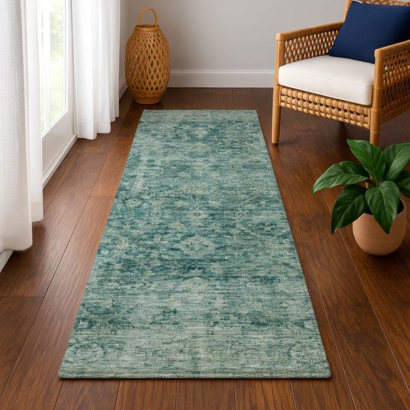 Addison Rugs Mayfield Premium Machine Washable Traditional Border Teal Runner Rug, 2'3" x 7'6"
