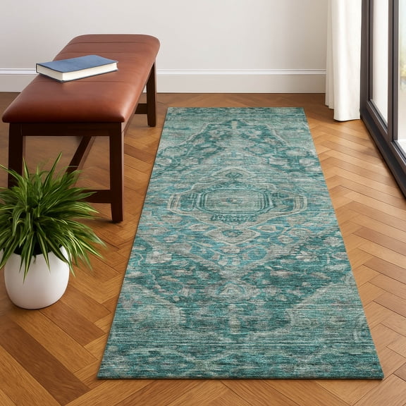 Addison Rugs Mayfield Premium Machine Washable Traditional Border Teal Runner Rug, 2'3" x 7'6"