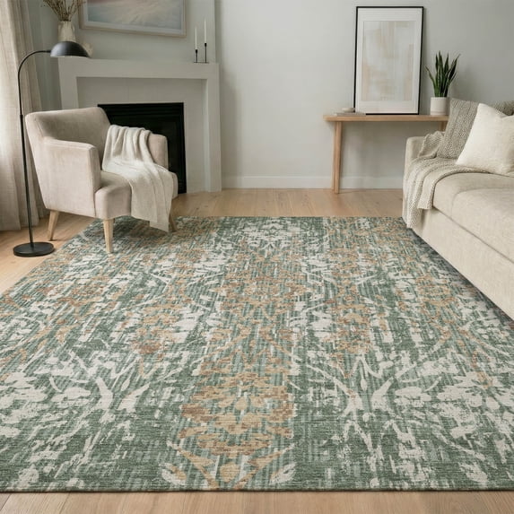 Addison Rugs Mayfield Premium Machine Washable Traditional Damask Basil Rectangle Rug, 5' x 7'6"