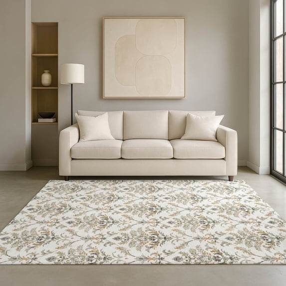 Addison Rugs Mayfield Premium Machine Washable Traditional Damask Ivory Rectangle Rug, 5' x 7'6"