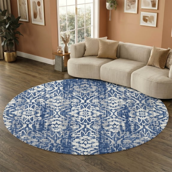 Addison Rugs Mayfield Premium Machine Washable Traditional Damask Navy Round Rug, 8' x 8'