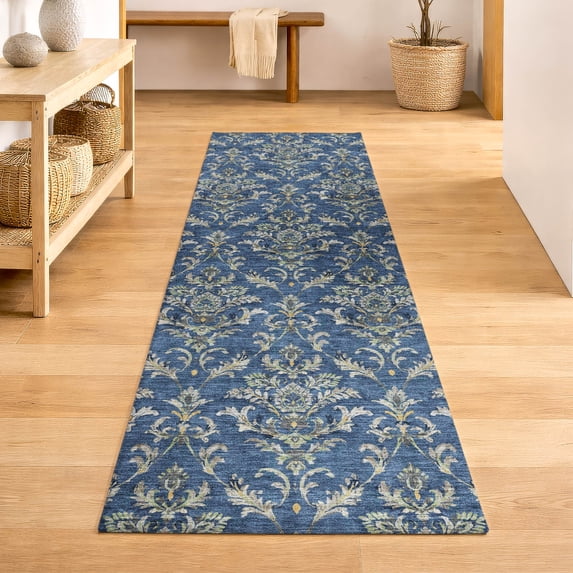 Addison Rugs Mayfield Premium Machine Washable Traditional Damask Navy Runner Rug, 2'3" x 7'6"