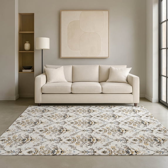 Addison Rugs Mayfield Premium Machine Washable Traditional Damask Silver Rectangle Rug, 10' x 14'