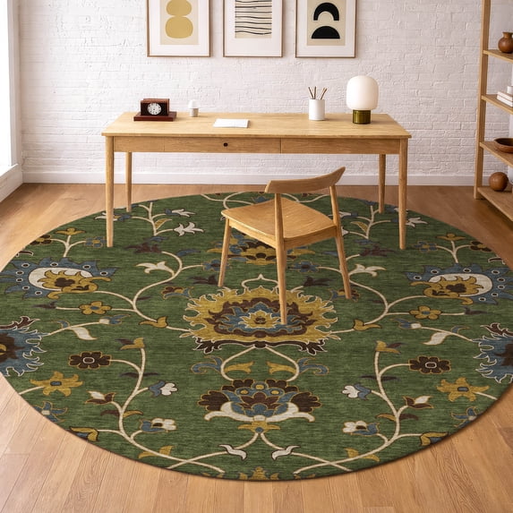 Addison Rugs Mayfield Premium Machine Washable Traditional Global Aloe Round Rug, 8' x 8'
