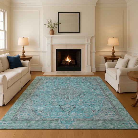 Addison Rugs Mayfield Premium Machine Washable Traditional Global Aqua Rectangle Rug, 2'6" x 3'10"