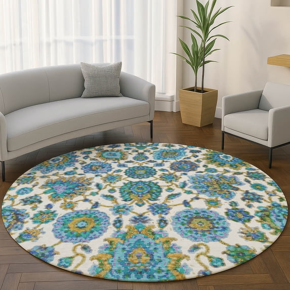Addison Rugs Mayfield Premium Machine Washable Traditional Global Aqua Round Rug, 8' x 8'