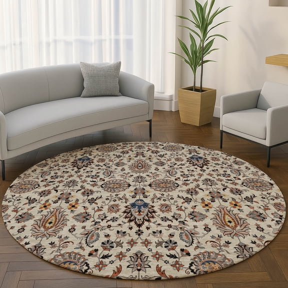 Addison Rugs Mayfield Premium Machine Washable Traditional Global Beige Round Rug, 8' x 8'