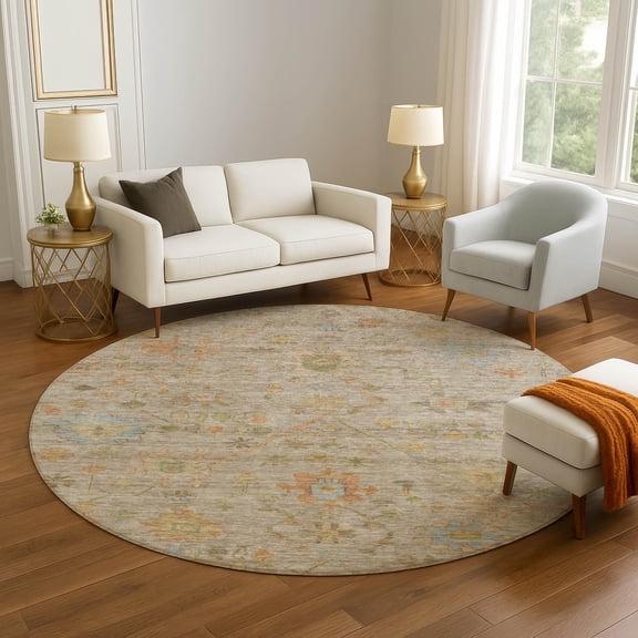 Addison Rugs Mayfield Premium Machine Washable Traditional Global Beige Round Rug, 8' x 8'