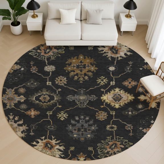 Addison Rugs Mayfield Premium Machine Washable Traditional Global Black Round Rug, 8' x 8'