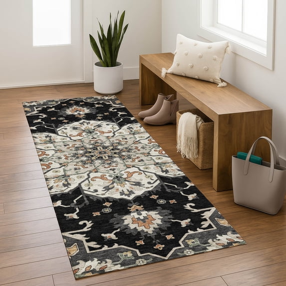 Addison Rugs Mayfield Premium Machine Washable Traditional Global Black Runner Rug, 2'3" x 7'6"
