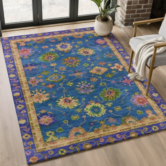 Addison Rugs Mayfield Premium Machine Washable Traditional Global Blue Rectangle Rug, 9' X 12' Machine Washable Traditional Global Blue Oversized Sherpa Throw Blanket
