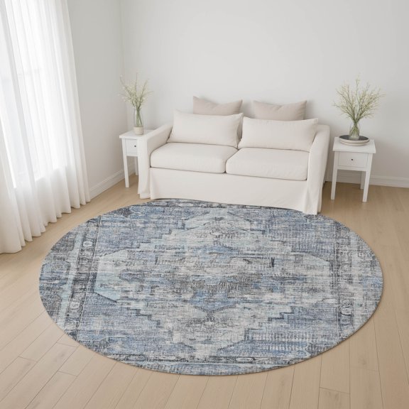 Addison Rugs Mayfield Premium Machine Washable Traditional Global Blue Round Rug, 8' x 8'