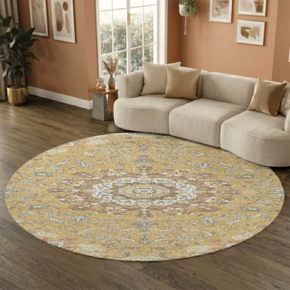 Addison Rugs Mayfield Premium Machine Washable Traditional Global Gold Round Rug, 8' x 8'